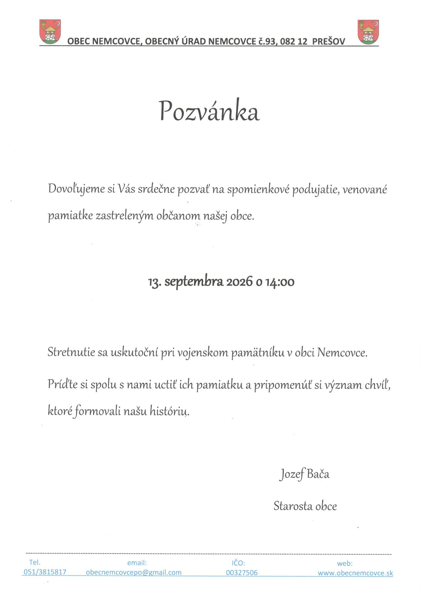 Pozvánka na spomienkové podujatie 13.09.2026