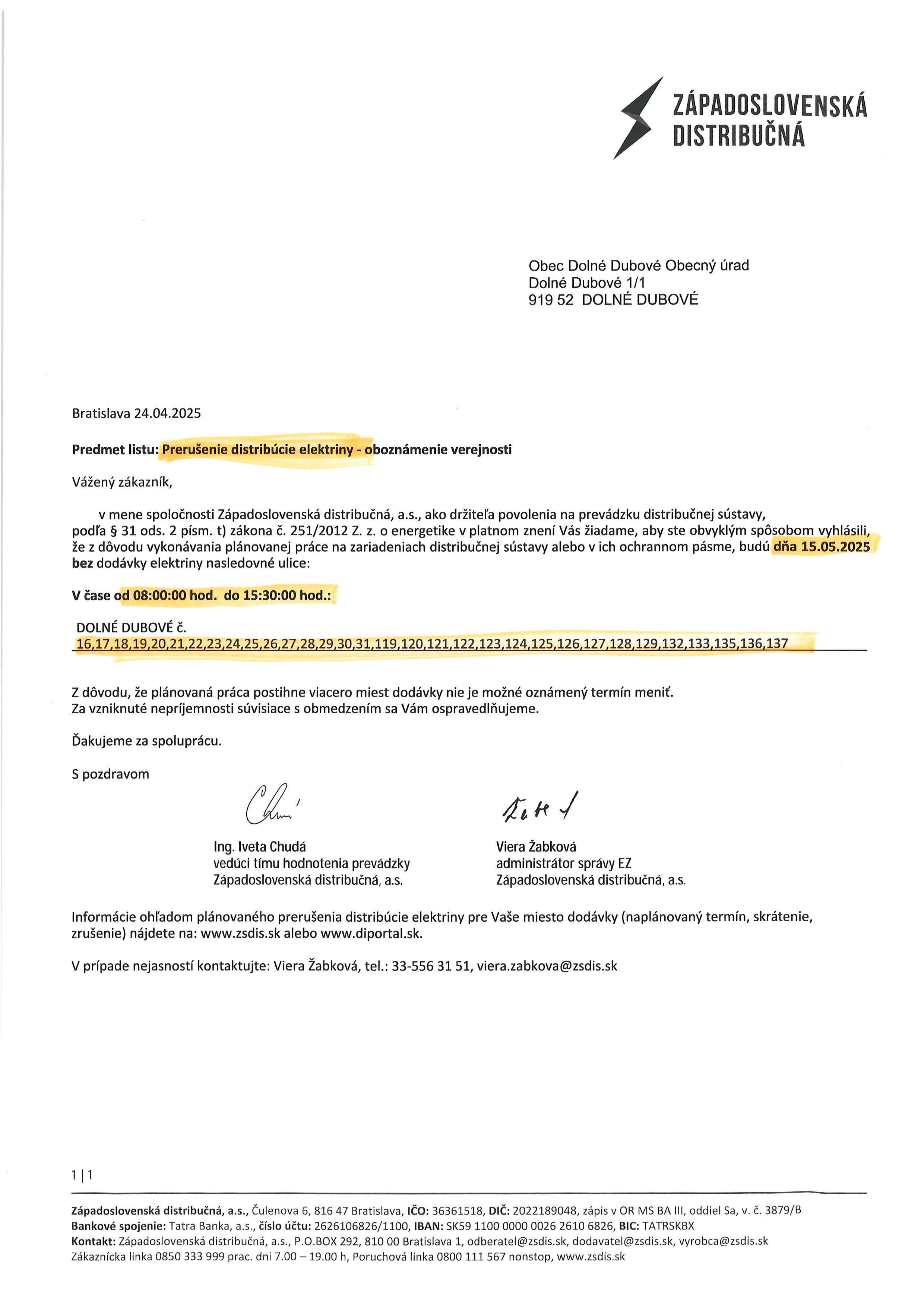 Prerušenie distribúcie elektriny 15.5.2025