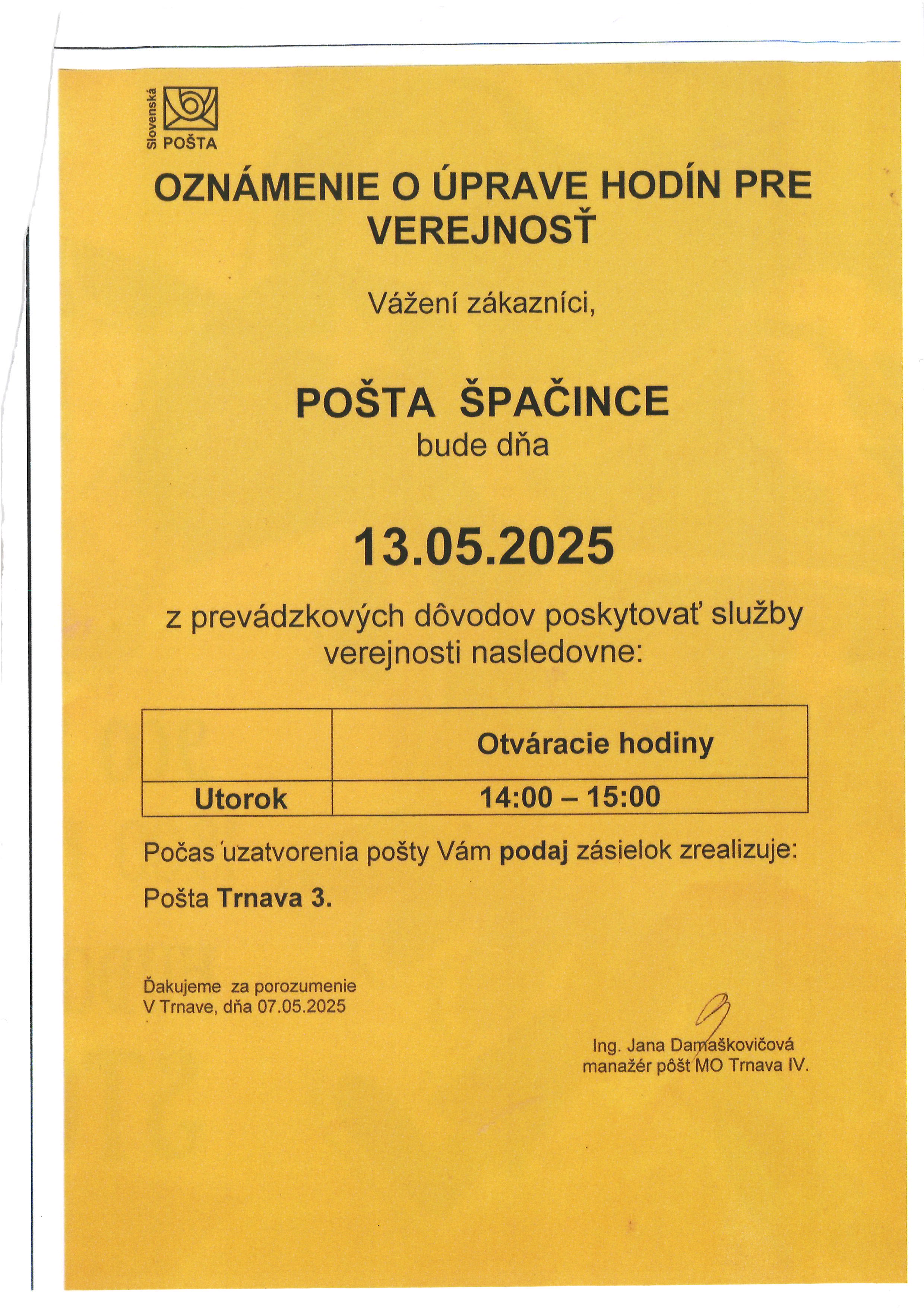 Pošta Špačince 13.5.2025