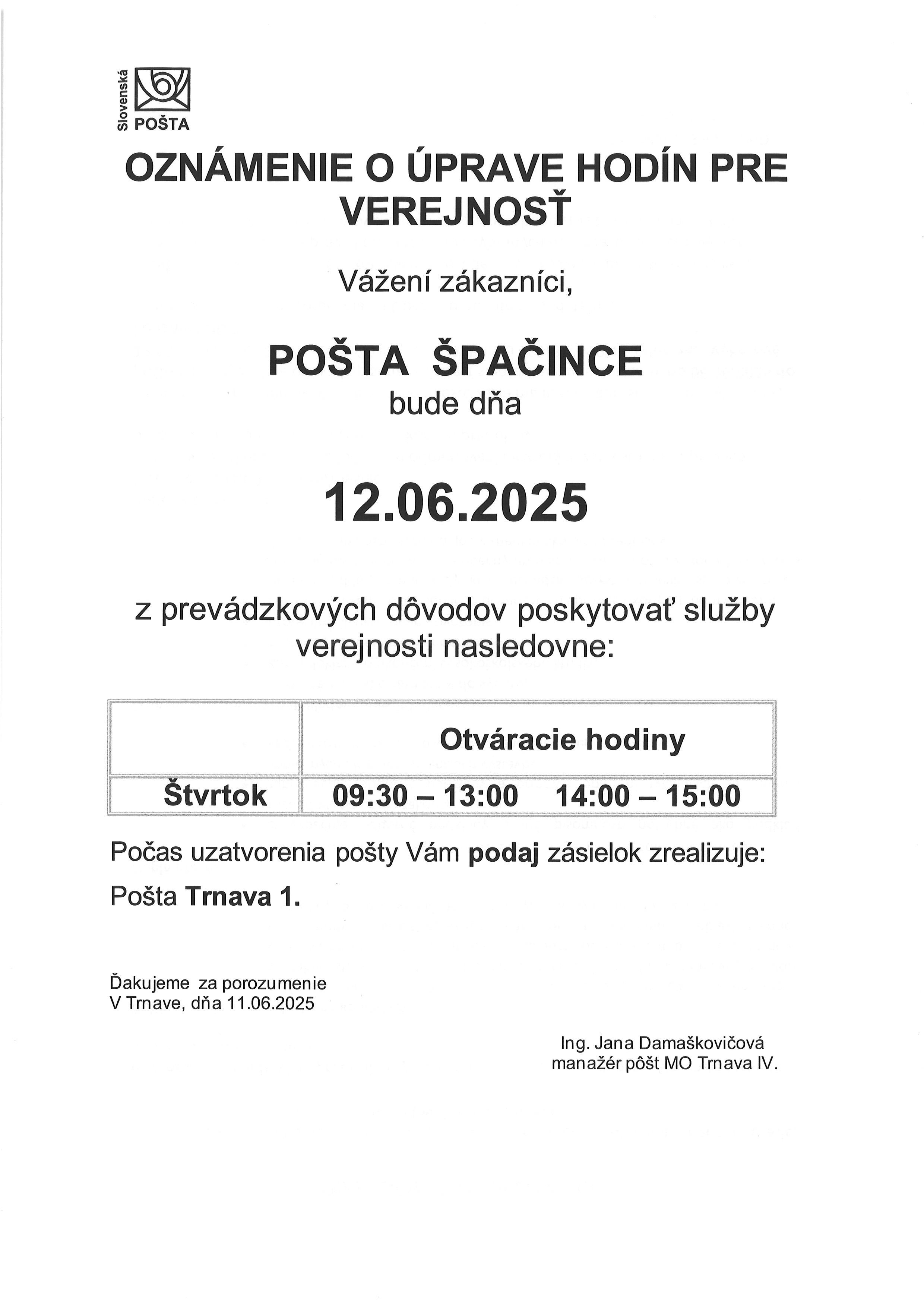 Pošta Špačince 12.6.2025