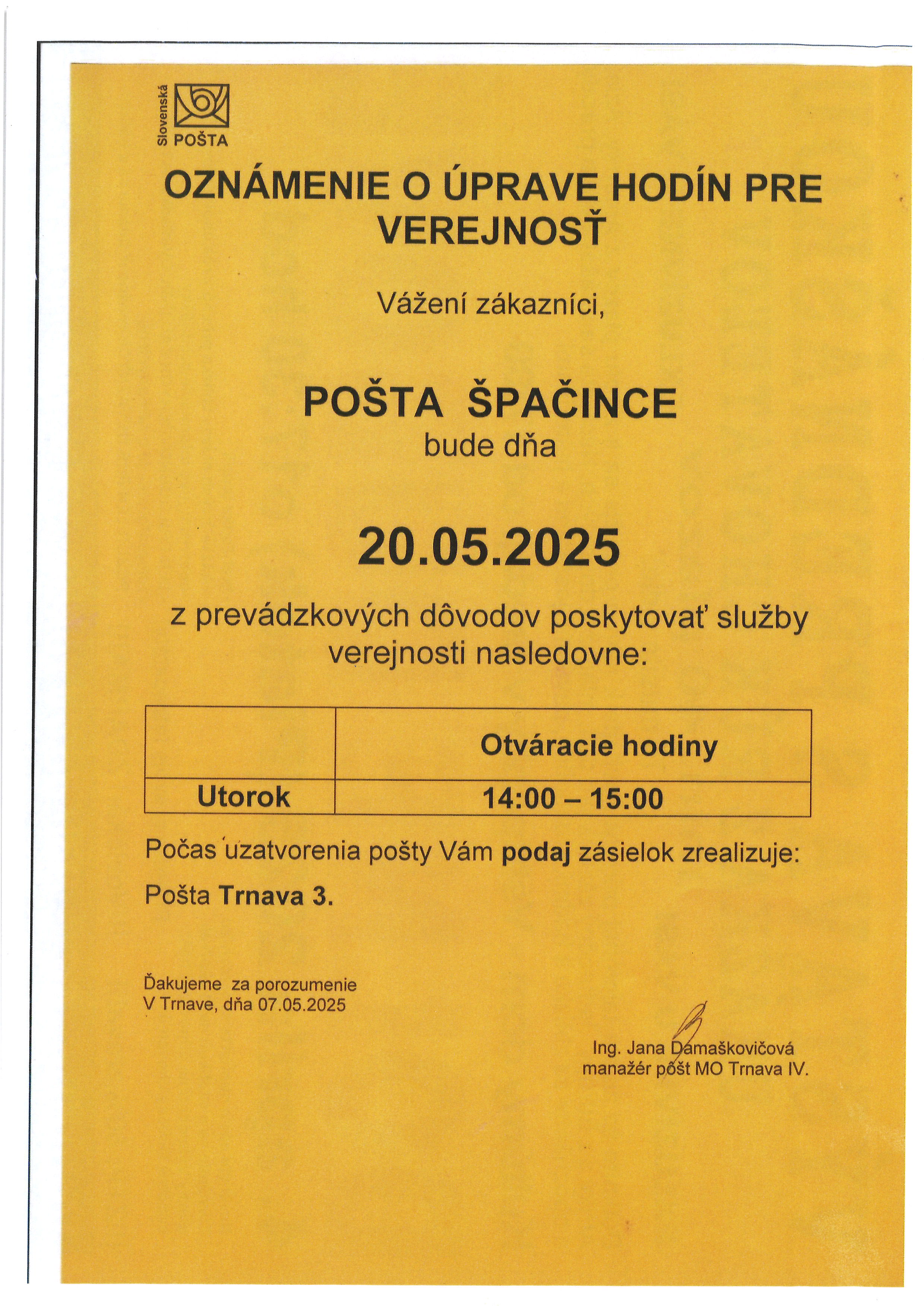 Pošta Špačince 20.5.2025
