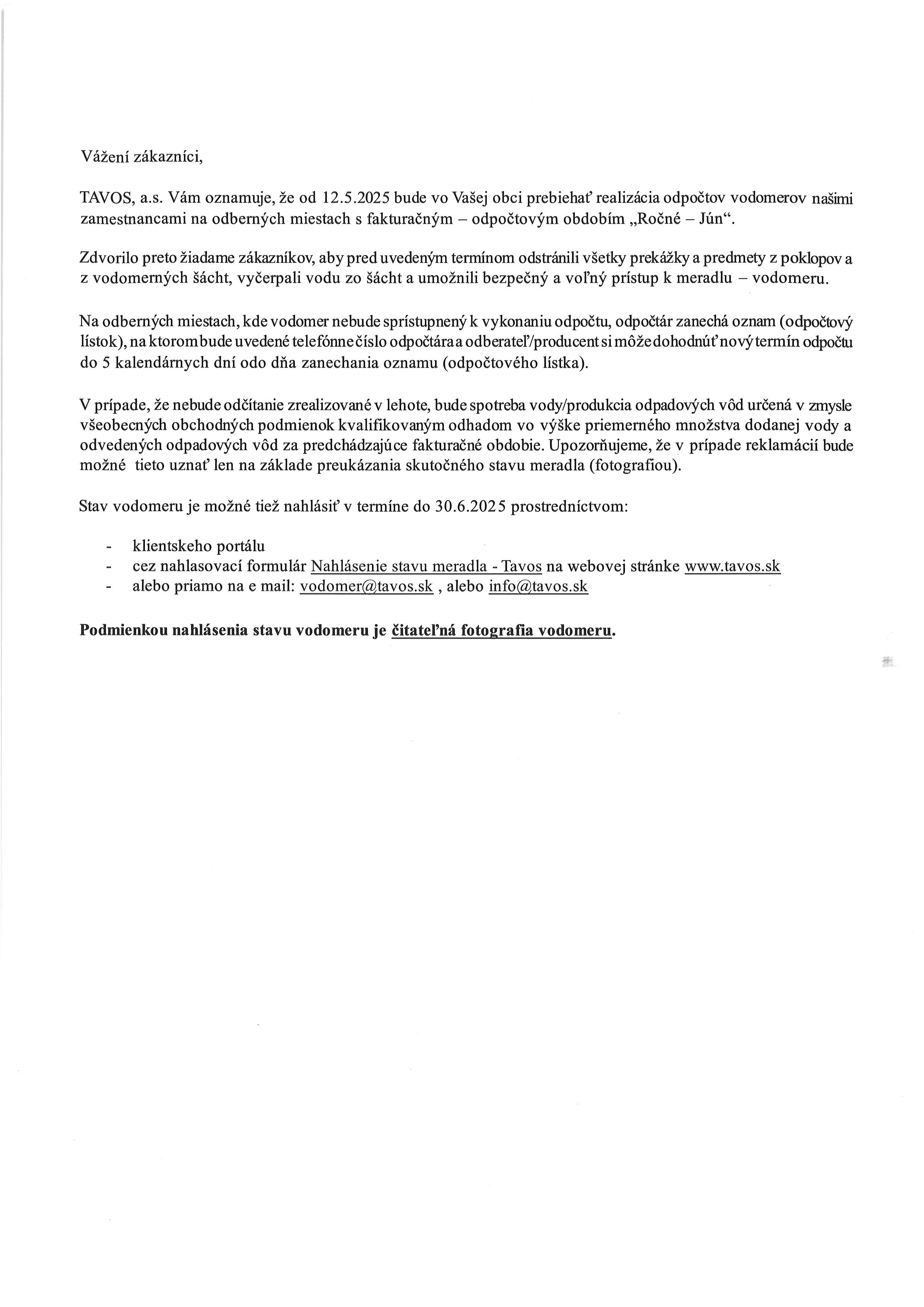 Odpočet vodomerov 12.5.2025
