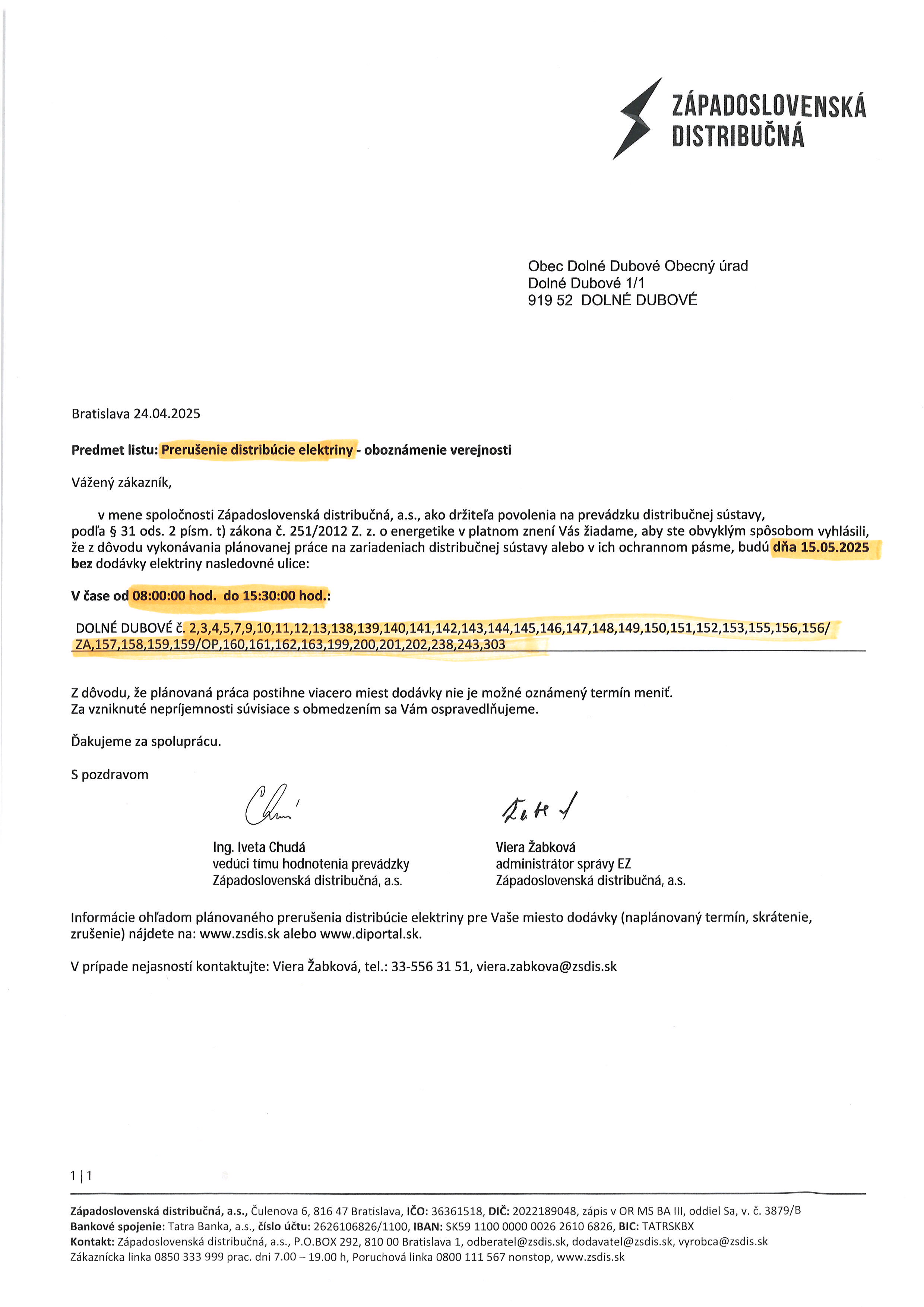 Prerušenie distribúcie elektriny 15.5.2025