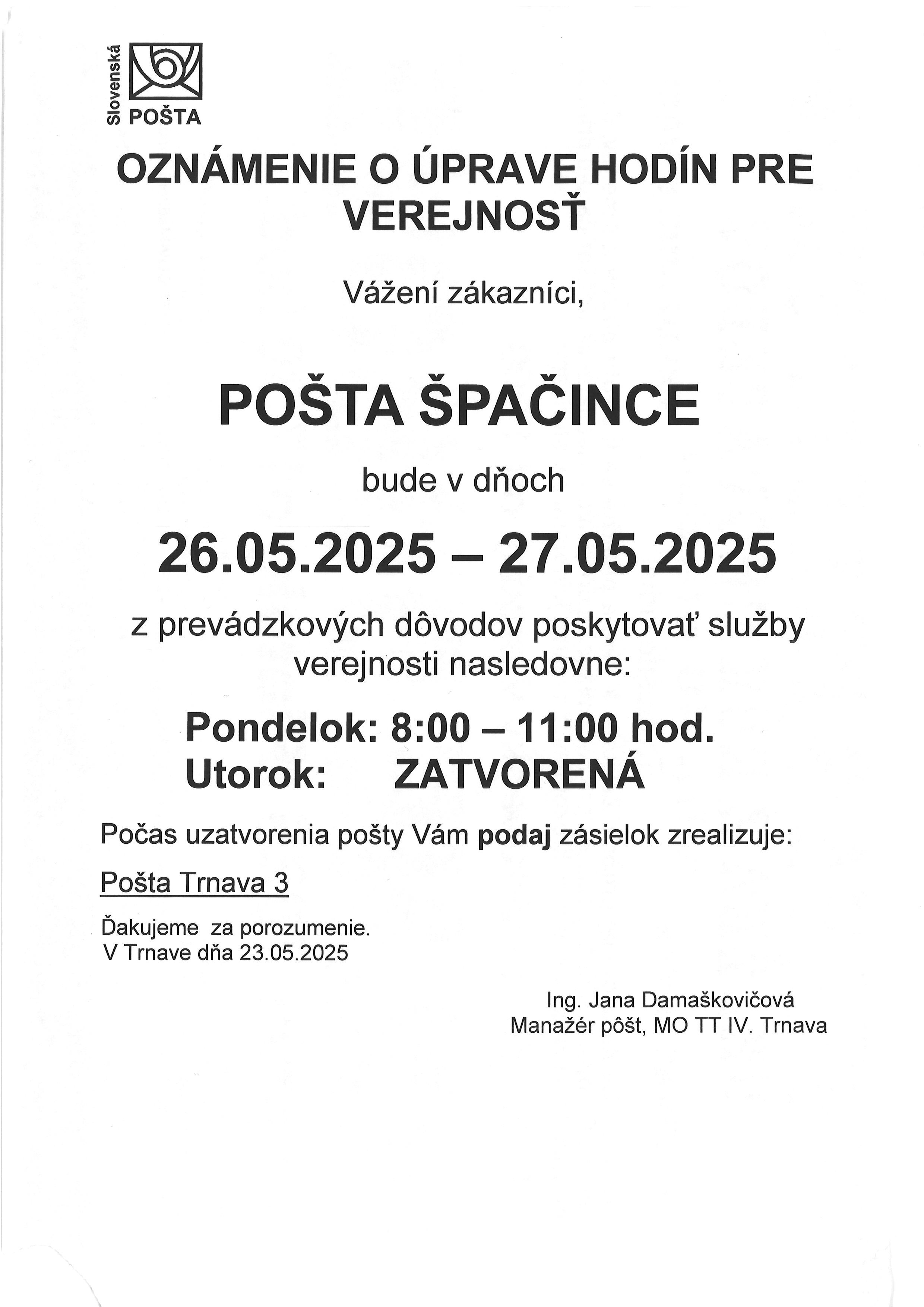 Pošta Špačince 26. a 27.5.2025