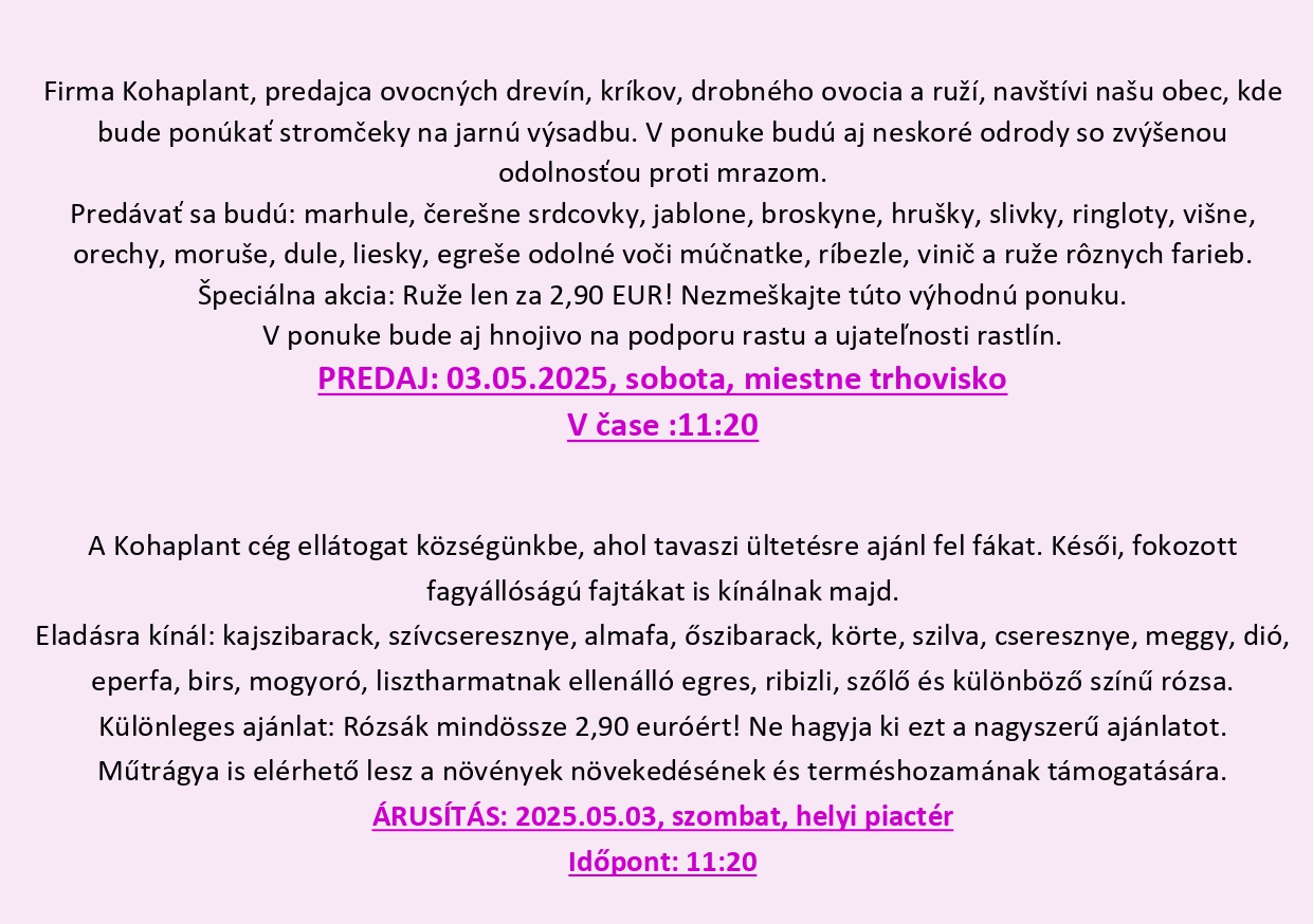 KOHAPLANT,03.05.2025- predaj, árusítás -11:20, 