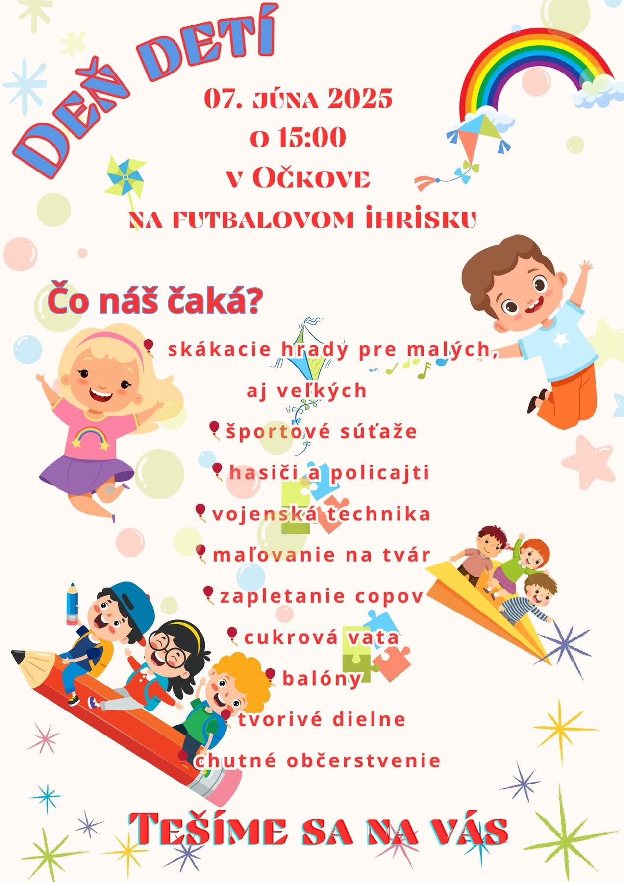 Pozývame všetky deti a rodičov na Deň detí 7.6.2025 o 15:00 Pozývame všetky deti a rodičov na Deň detí 7.6.2025 o 15:00