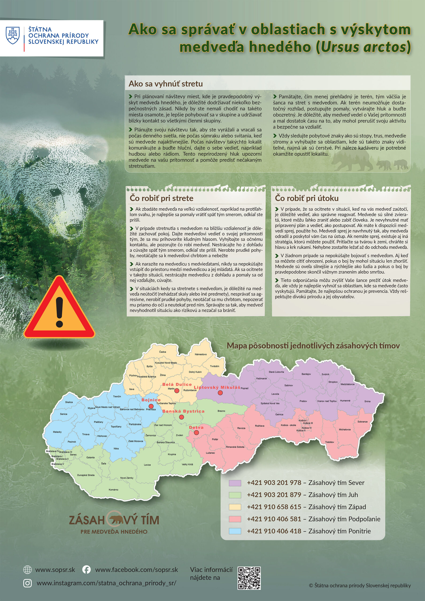 Plagát – ako sa správať v oblastiach s výskytom medveďa hnedého s kontaktmi na zásahové tímy pre medveďa hnedého